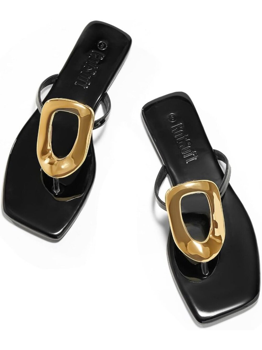 Women's Black Leather Flats Sandals Square Toe Metal Decoration Flip Flops Shoes - Picture 1 of 6